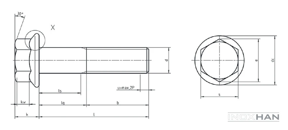 INOX Altıköşe Başlı Flanşlı Cıvata teknik çizimi