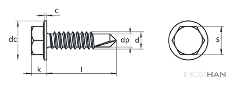 INOX Altıköşe Pul Başlı Matkap Uçlu Vida teknik çizimi