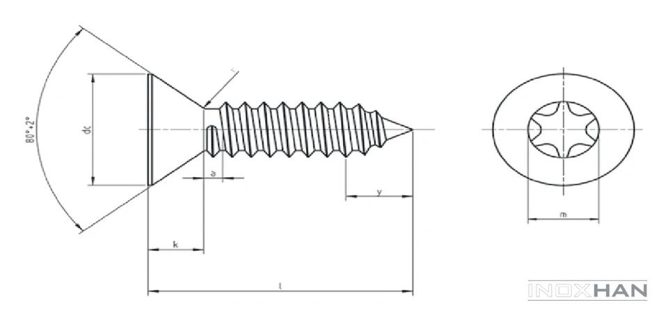 INOX Yıldız Havşa Başlı Saç Vidası teknik çizimi