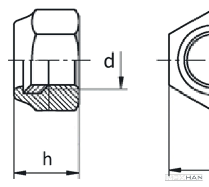 INOX Altıköşe Fiberli Somun teknik çizimi